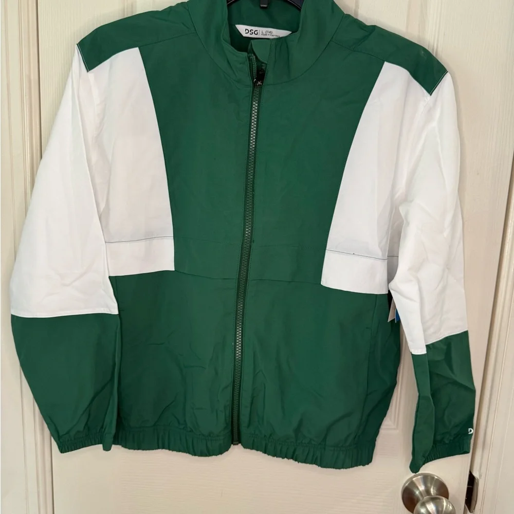 NWT Green and White Kids Zip-Up Jacket - large 14 Team Colors Middle School Size